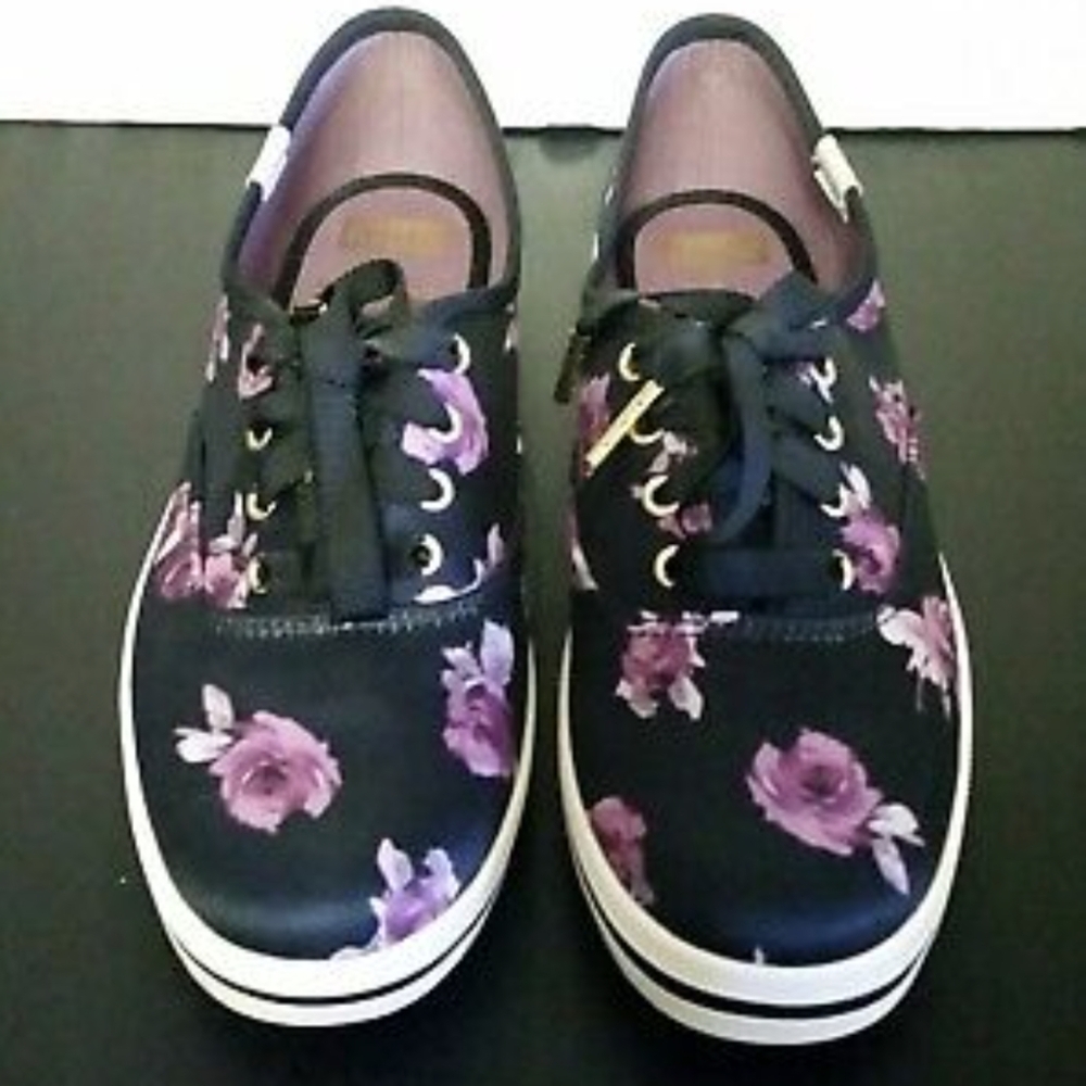KATE SPADE X KEDS* collaboration Floral Sneakers W/ Ribbon Ties Goldtone Accents